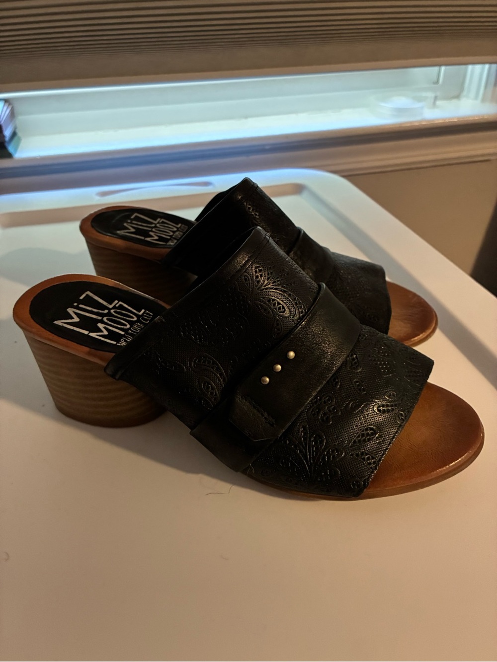 Miz Mooz Black Embossed Leather Slide Mules with Stacked Heel